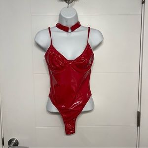 SHEIN Red Vinyl Latex Bodysuit with Choker
